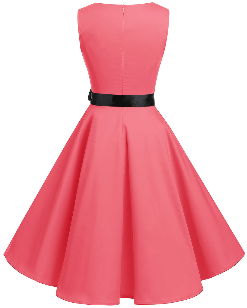 Women's 50s Vintage V-Neck Retro Rockabilly Swing Cocktail Party Dress-Solid Color