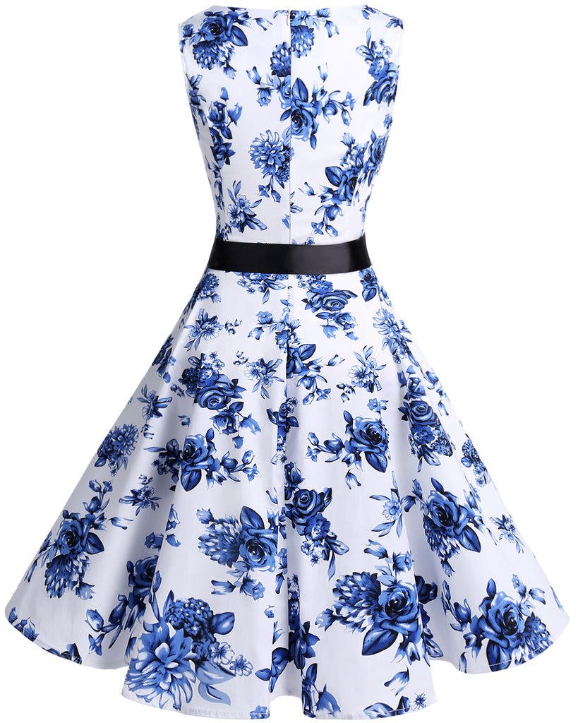 Women's 50s Vintage V-Neck Retro Rockabilly Swing Cocktail Party Dress-Flowers and Polka Dots