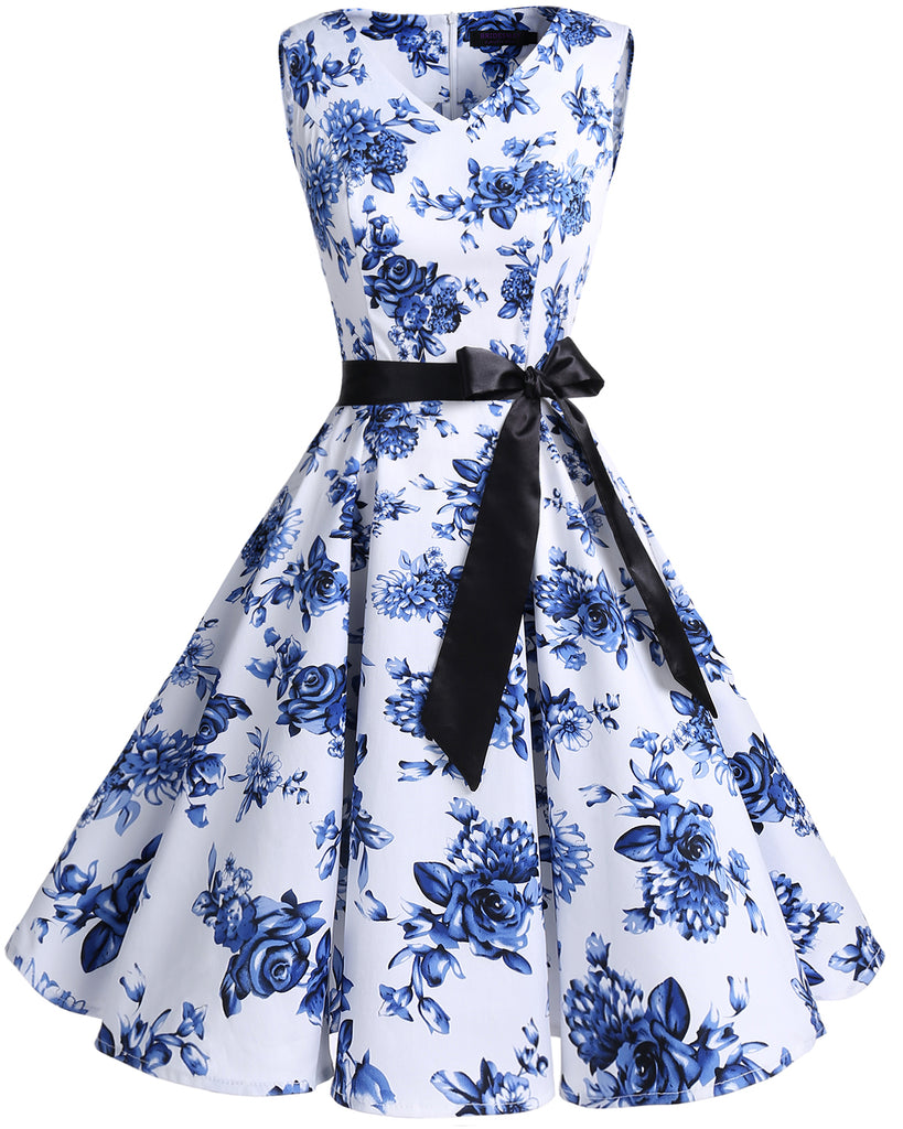 Women's 50s Vintage V-Neck Retro Rockabilly Swing Cocktail Party Dress-Flowers and Polka Dots