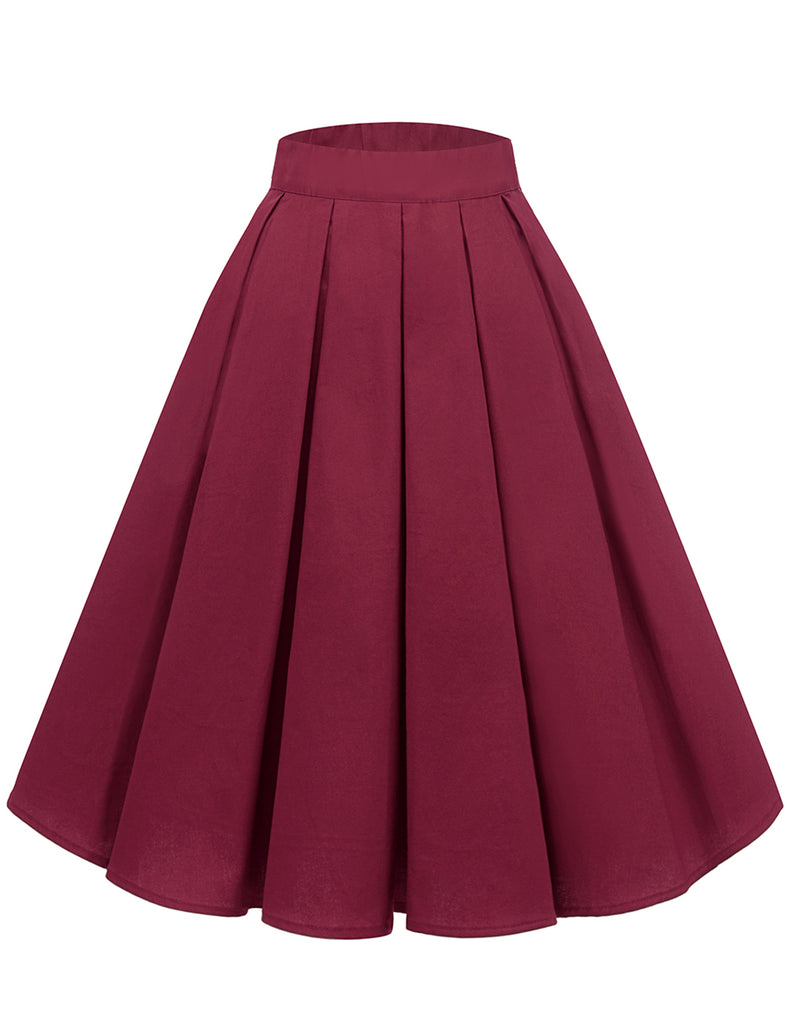 Women's A-Line Printed Flared Midi Skirts With Pleated-Solid Color