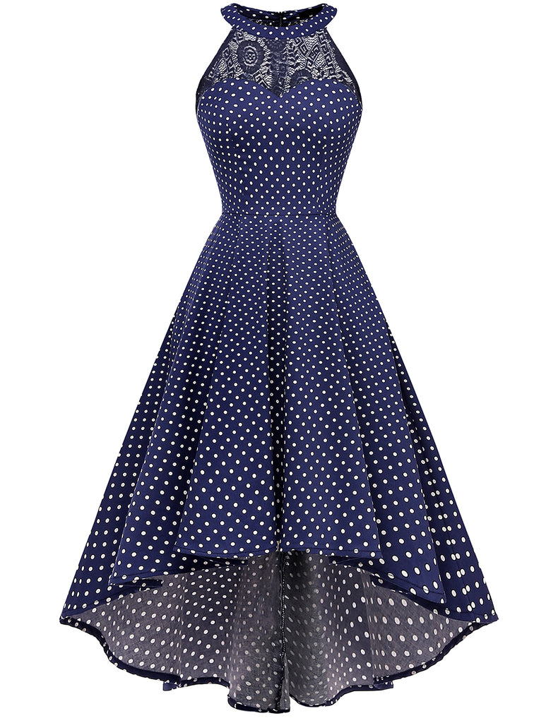 DRESSTELL Women's Vintage 50's Bridesmaid Halter Floral Lace Cocktail Prom Party Hi-Lo Dress-Polka Dots