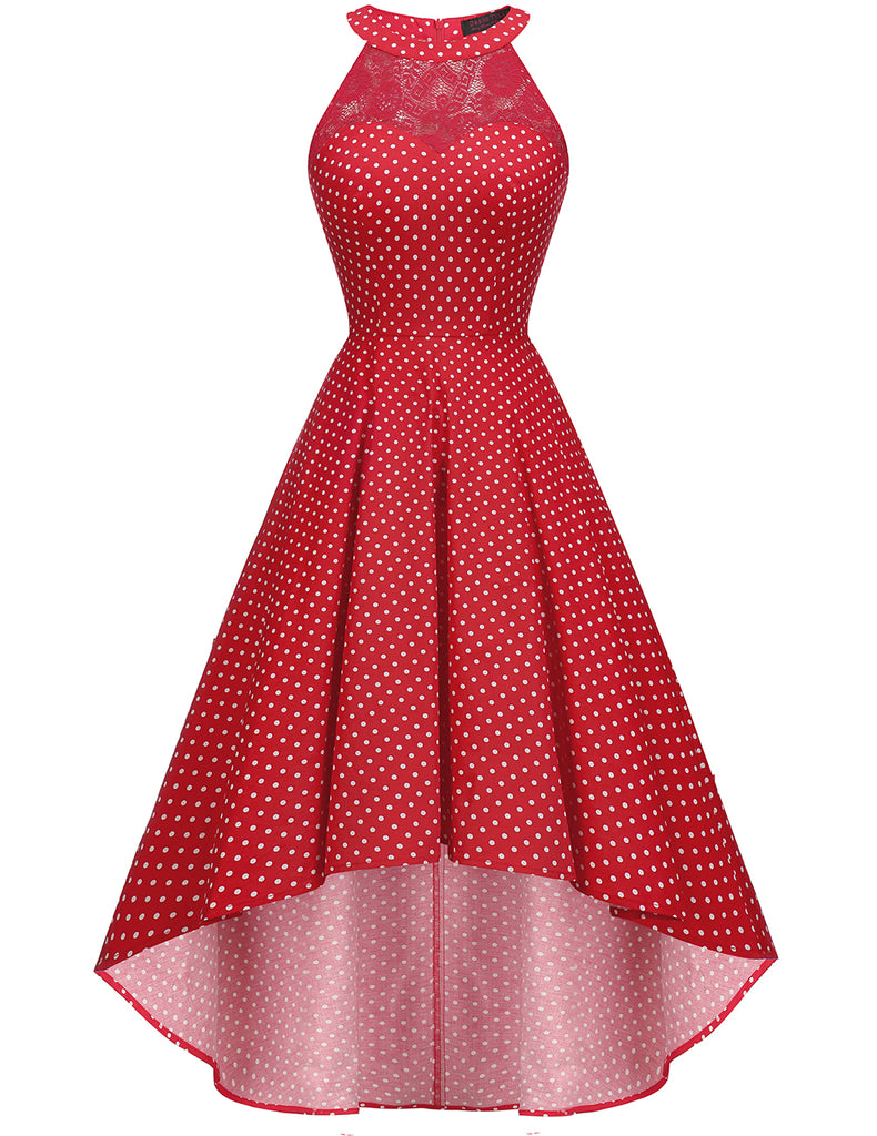 DRESSTELL Women's Vintage 50's Bridesmaid Halter Floral Lace Cocktail Prom Party Hi-Lo Dress-Polka Dots