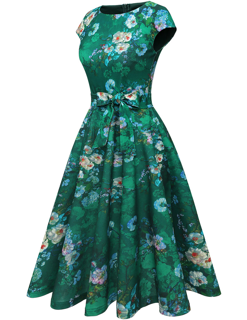 Dresstell Women's Prom Tea Dress Vintage Swing Cocktail Party Dress with Cap-Sleeves