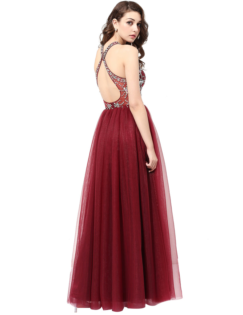 Dresstells Long Prom Dress Tulle Scoop Backless Evening Party Gowns