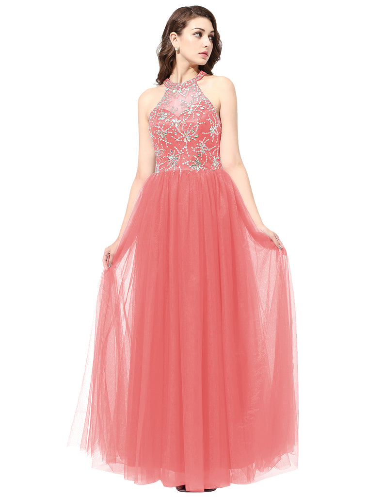 Dresstells Long Prom Dress Tulle Scoop Backless Evening Party Gowns