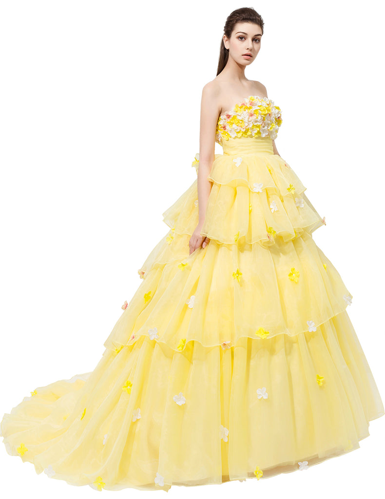 Dresstells Long Prom Dress Quinceanera Strapless Organza Ball Gown with Flowers