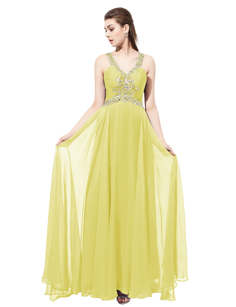 Dresstells Long Prom Dress V-neck Ruched Evening Gown Party Dress with Beading