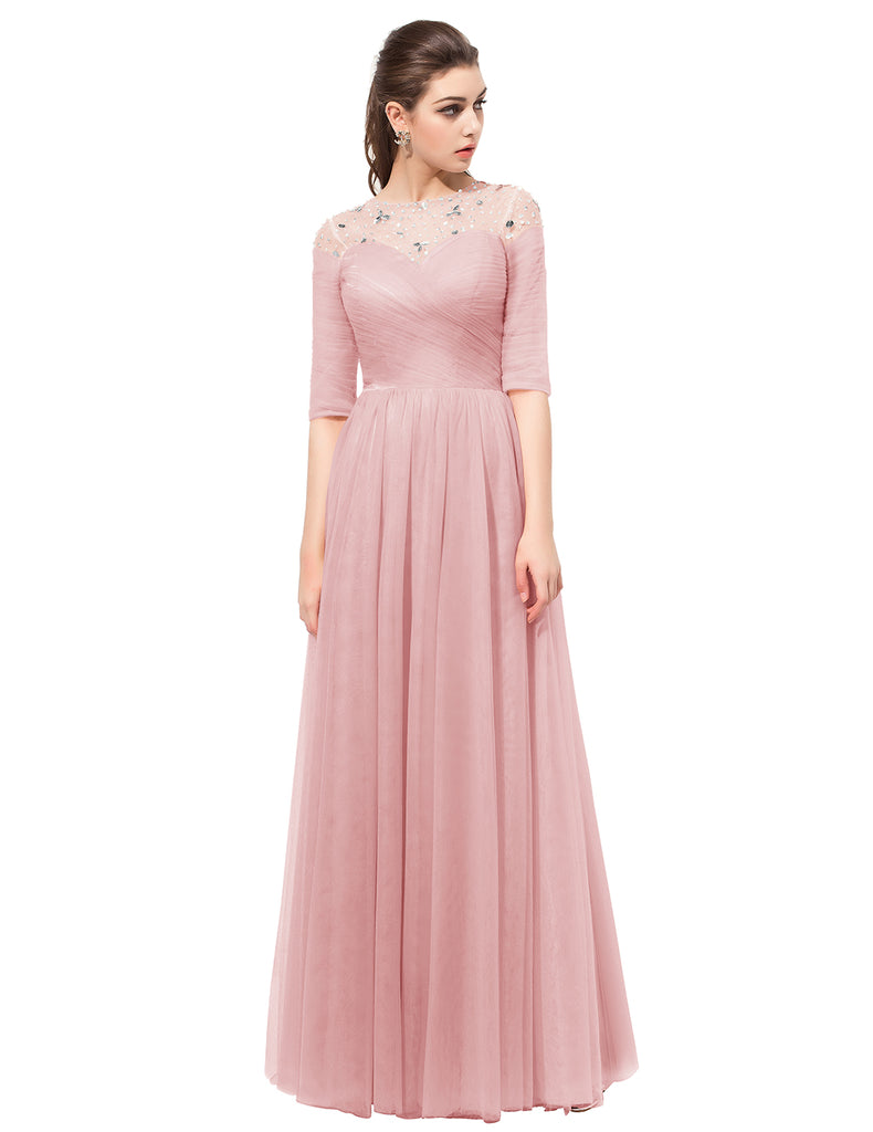 Dresstells Long Bridesmaid Dress Tulle Prom Dress 3/4 Sleeves Scoop Evening Party Gowns