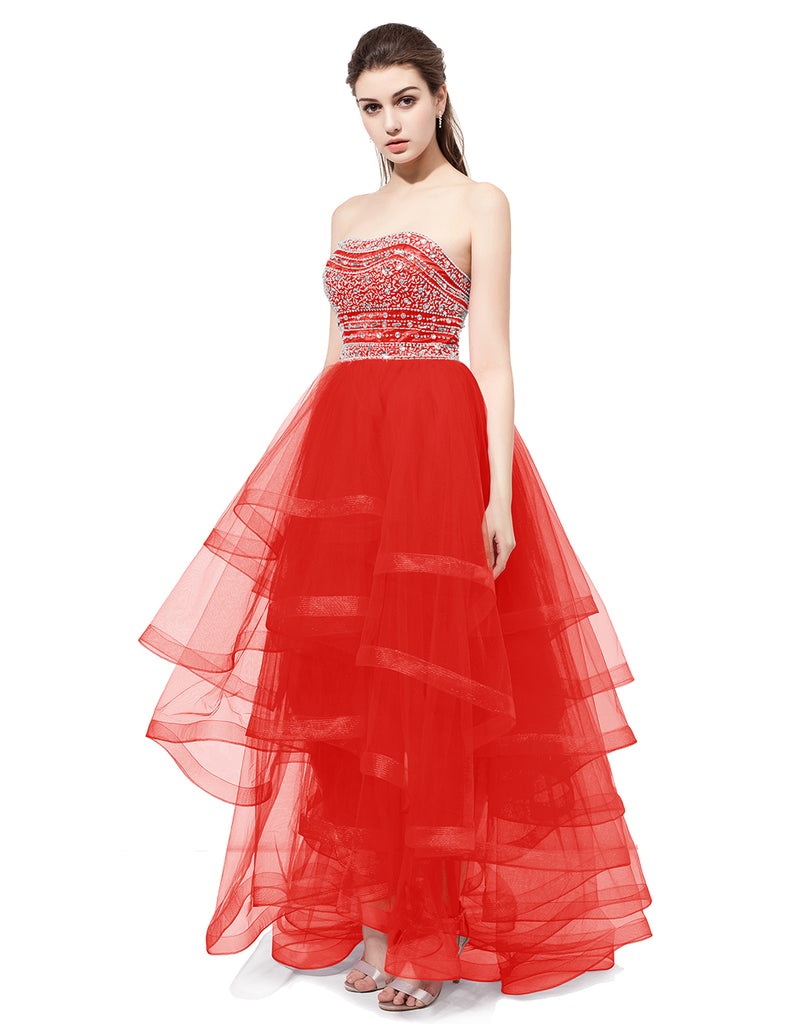 Dresstells Long Prom Dress Tulle Asymmetric Ball Gown Evening Gown with Beads