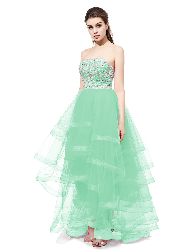 Dresstells Long Prom Dress Tulle Asymmetric Ball Gown Evening Gown with Beads