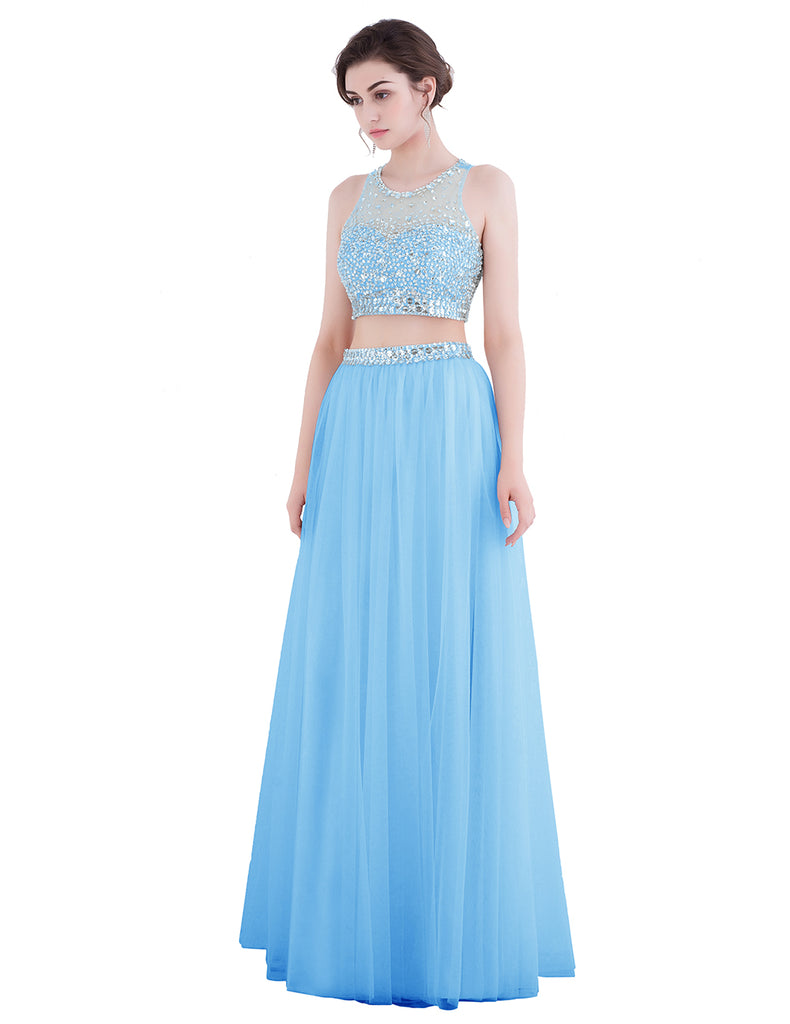 Dresstells Long Prom Dress Two Pieces IIIusion Evening Gown Beading Dress
