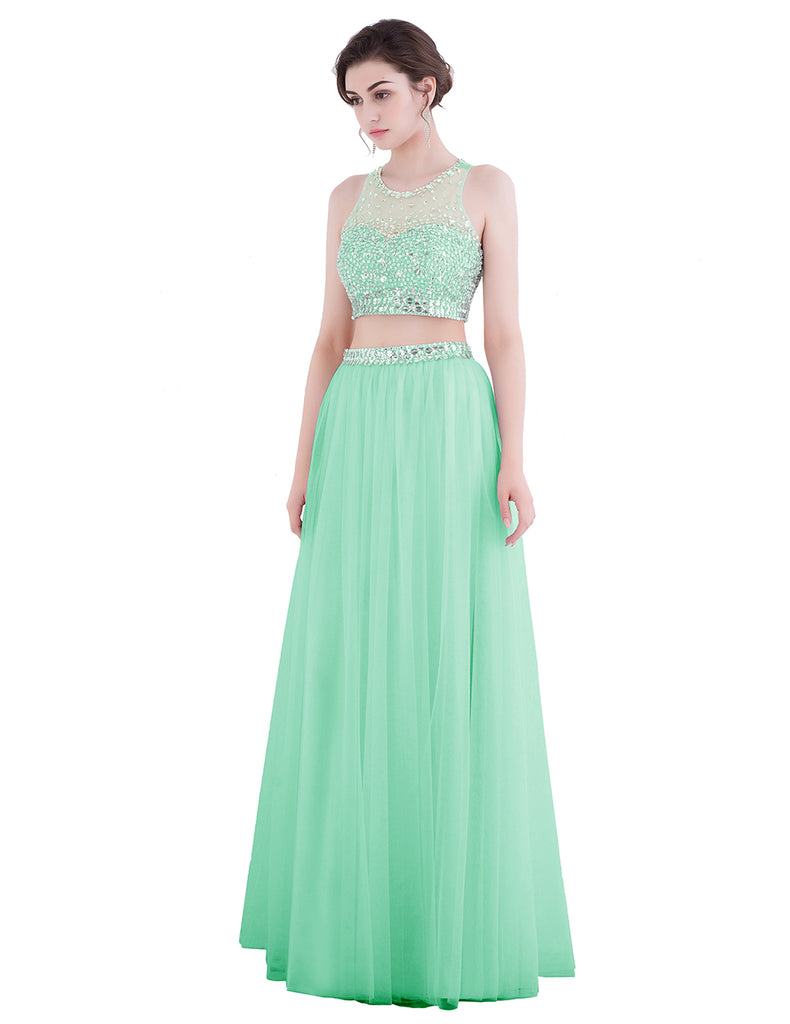 Dresstells Long Prom Dress Two Pieces IIIusion Evening Gown Beading Dress