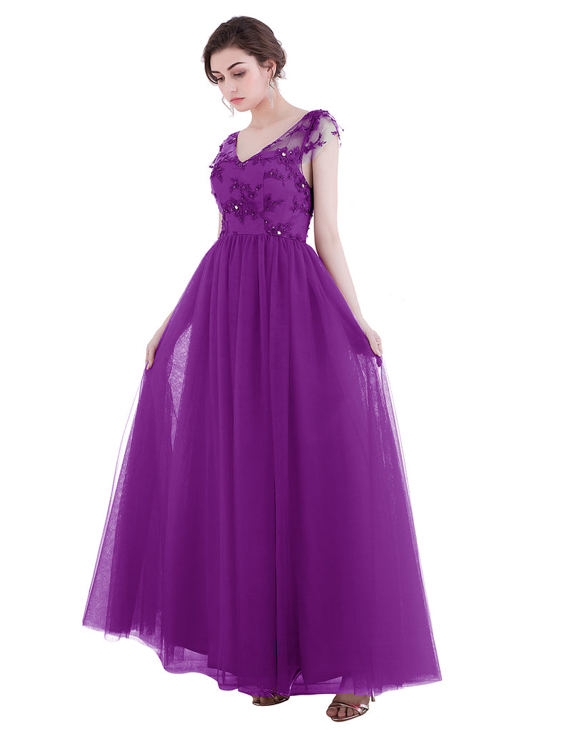 Dresstells Long Bridesmaid Dress Cap-sleeves Tulle Evening Gown Applique Prom Dress