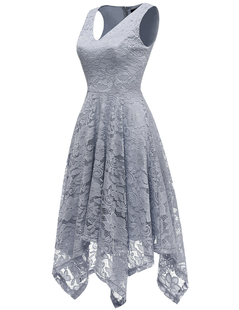 Women's Vintage Floral Lace Dress Handkerchief Hem Asymmetrical Cocktail Formal Swing Dress